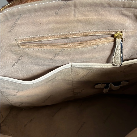 Brahmin White Navy Croc-Embossed Satchel with Tan Trim - Picture 12 of 14